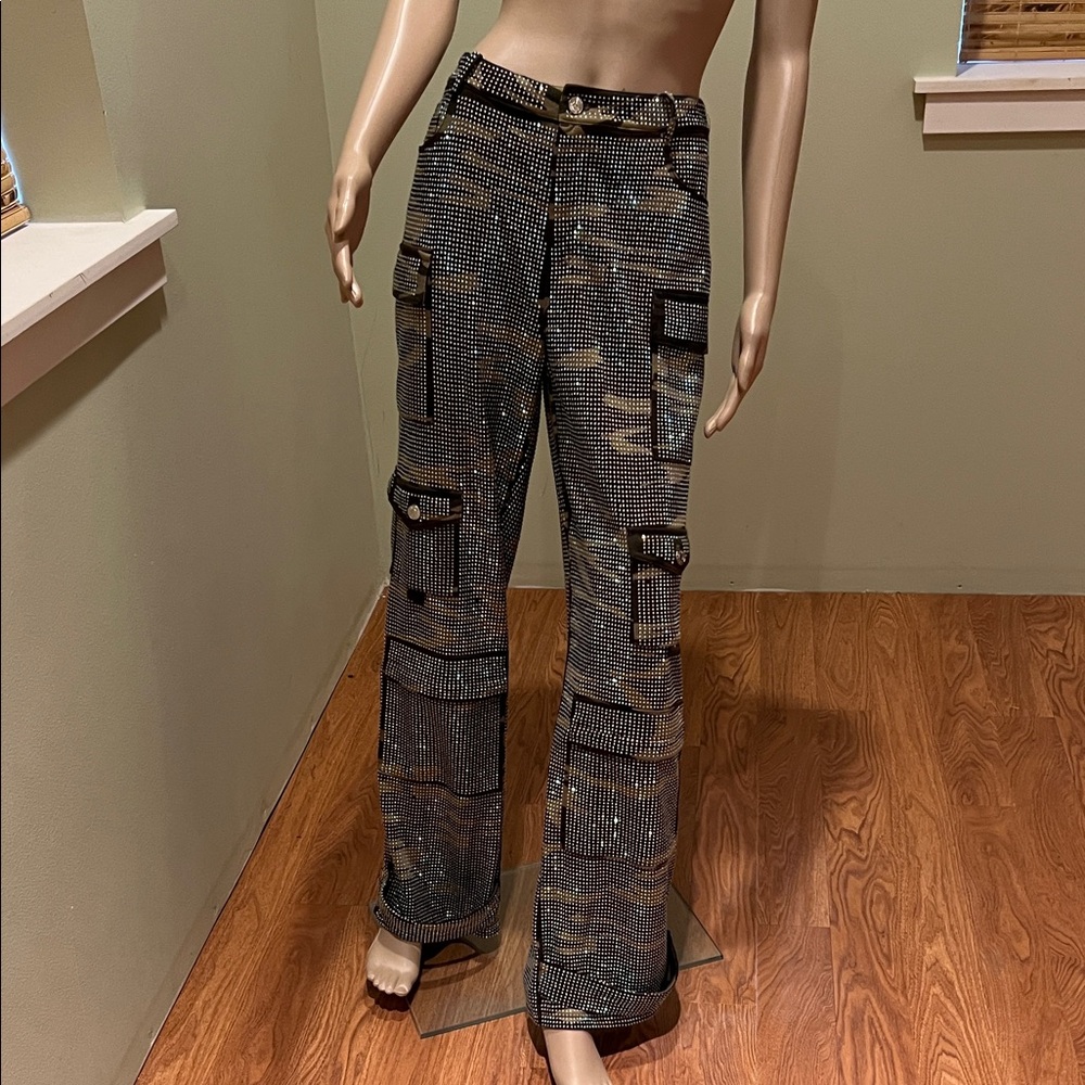 Akira Crystal Embellished Stylish Camouflage Cargo Pants XL